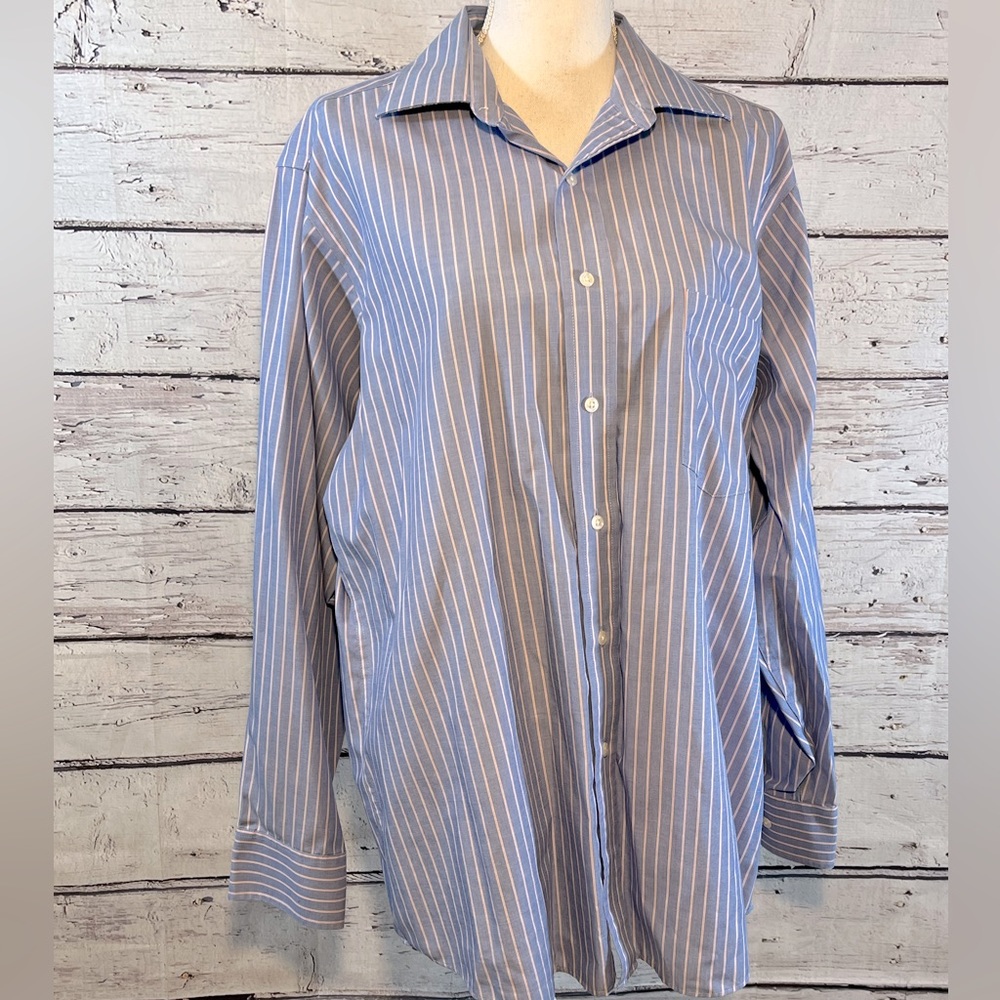 EAGLE Men's Dress Shirt Non Iron Regular Fit 100% Cotton Blue Stripe-16.5/34-35